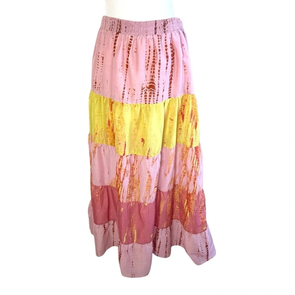 Anthropologie Maxi Tiered Skirt in Pink and Yellow